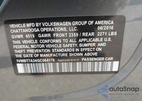 2016 Volkswagen Passat 1.8T Se z USA, uszkodzony, nr VIN 1VWBT7A34GC064176
